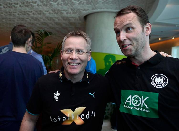 islandsk. Gudmundur Gudmundsson og Dagur Sigurdsson mødes i aften på hver sin trænerbænk i kampen mellem Danmark og Tyskland. 