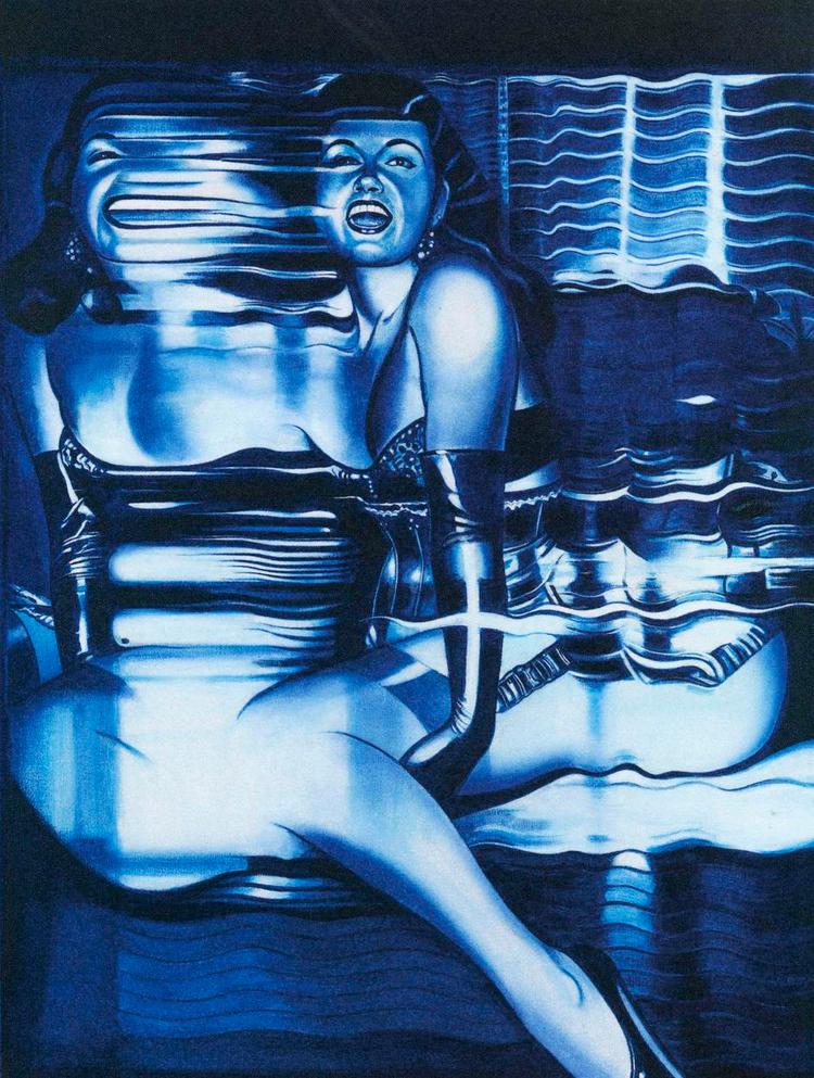 Blå verden. Serien 'Blue World' er Hans Henrik Lerfeldt fra hans mest personlige side. Som forlæg for dette usædvanlige maleri, 'Disorder and Distortion', har han formentlig benyttet et foto, som i en fotokopimaskine er blevet trukket hen over pladen i takt med eksponeringen. Dermed flyder figuren ud af sin form, og det er den opløsning, der har fascineret ham. 