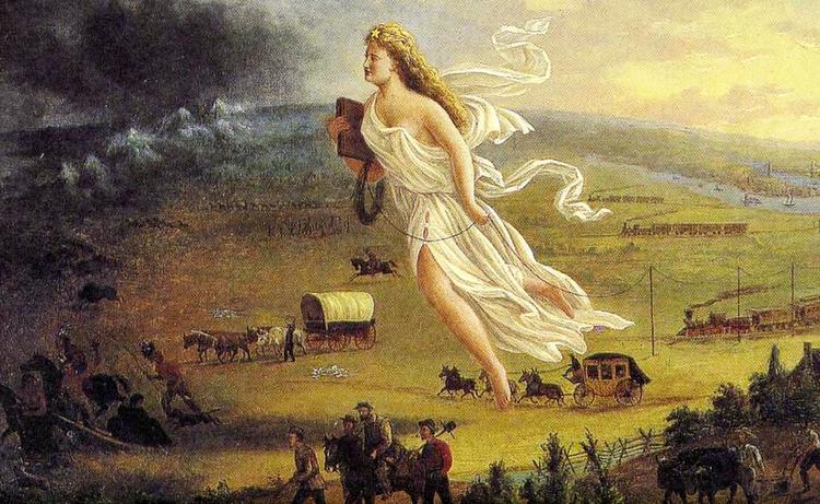 Kulturmøde. »Renæssancen var tiden for to store europæiske opdagelser: opdagelsen af Antikken og opdagelsen af Amerika. Forholdet mellem de to opdagelser var anstrengt«, skriver Erling Sandmo i teksten til John Gasts maleri 'American Progress' fra 1872. Her finder den gamle verden og den nye sammen: Antikkens gudinde Columbia svæver hen over den amerikanske prærie. 