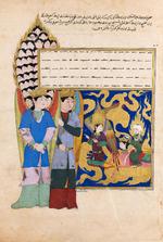 Profet. Et af de ti billeder af Muhammed, der vises på Davids Samling. Profeten ses til højre, ridende på det mystiske himmeldyr Buraq. Gabriel peger på en gigantisk engel, som peger videre på Englen med de 70 hoveder. Fra ca. 1465. Klik på billedet for fuld størrelse. Fotoet er fra Davids Samling. 