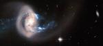 GALAKSEKAMP. NGC 7714 har to lange haler af stjerner og en sky af stof, den tiltrækker fra sin nabo. 