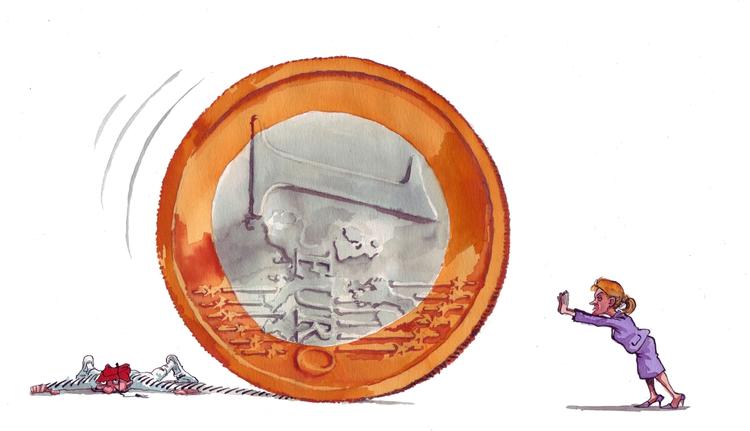 Stabilitet. Ved fastkurspolitik forstås blandt andet at kronens kurs over for euroen fastholdes tæt. Tegning: Roald Als 