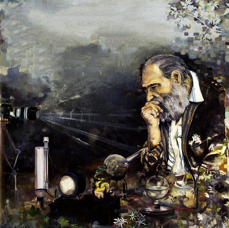 FREMTIDSARKÆOLOGI. Videnskabsmanden spekulerer over fremtidens mystiske materier, mens han måske drømmer sig selv på et maleri af Johnny Erbs. Illustration fra cover: Johnny Erbs/Uffe Egeberg (foto) 