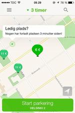 service. Her fortæller appen, at der er en ledig plads et sted i Helsinkis centrum. Beskeden bliver stående i fem minutter. 