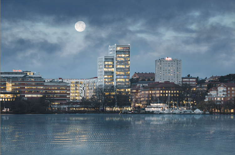Søtårn. Med 18 etager er det høje af to boligtårne i Alviks Tårn netop indviet i Stockholm. 