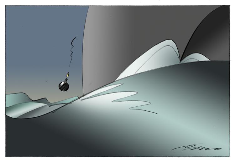 Frygt. Hajangreb er noget, man hører om, men lykkeligvis koster de forsvindende få mennesker livet i vores del af verden. Sådan forholder det sig også med terror. Tegning: Per Marquard Otzen 