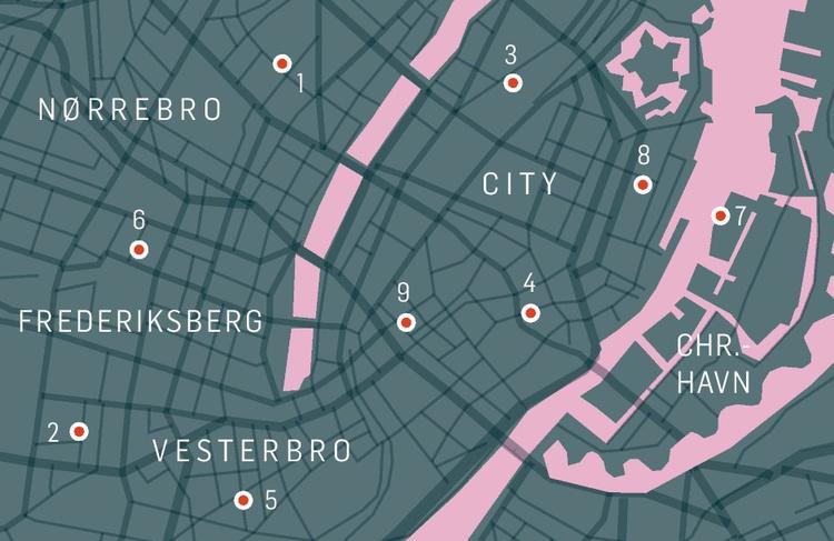 Weekendkortet. Her er de 9 locations, du bør lægge vejen forbi i weekenden. Ifølge DMI vil det holde nogenlunde tørt i København fra fredag til søndag, så der er ingen undskyldninger for ikke at pedalere mellem arrangementerne. Grafik: Morten Fogde. KLIK PÅ BILLEDET FOR FULD STØRRELSE 