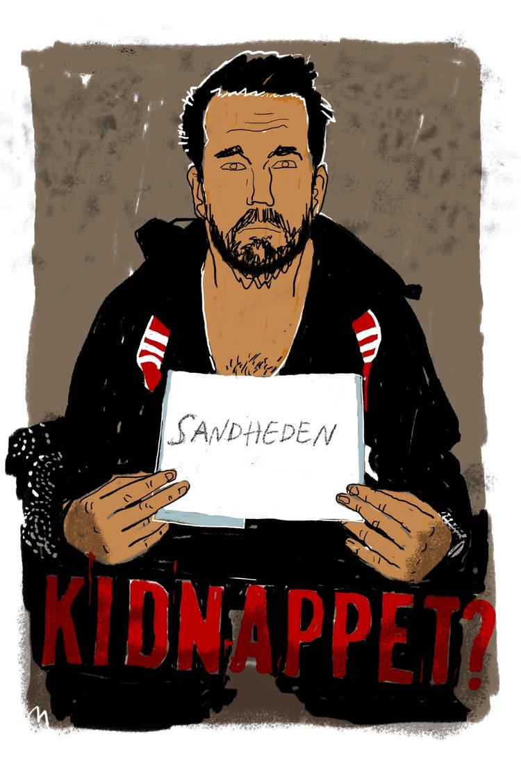 Forklaring. Når ordet islamister anvendes, er det, fordi Nybroes kidnappere fortalte ham, at der var udstedt en fatwa mod ham. tegning: Mette Dreyer 