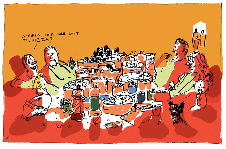 UNDERSØGELSE. Danskerne hygger sig bedst sammen med familie eller gamle venner. Tegning: Mette Dreyer 