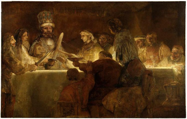 Beskåret. Rembrandts maleri 'Batavernes ed til Claudius Civilis' var oprindelig en bestilling til Amsterdams nye rådhus, men det blev afvist. Det var ikke nyt for Rembrandt at skulle beskære sine malerier. Også hans kendte mesterværk 'Nattevagten' fra 1642 er kraftigt beskåret. 'Batavernes ed.' tilhører Det Kgl. Kunstakademi i Sverige. Foto: Rijksmuseum 
