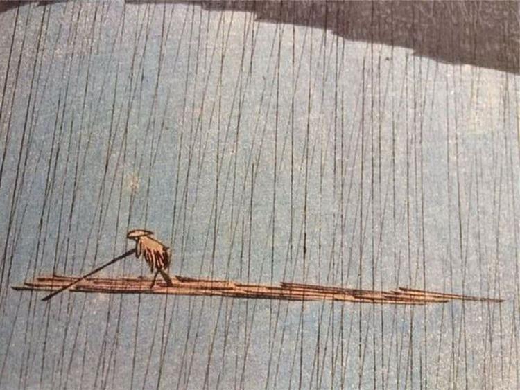 Illustration: Udsnit af træsnittet Sudden Shower over Shin - Ohashi Bridge and Atake. Af kunstneren Hiroshige 