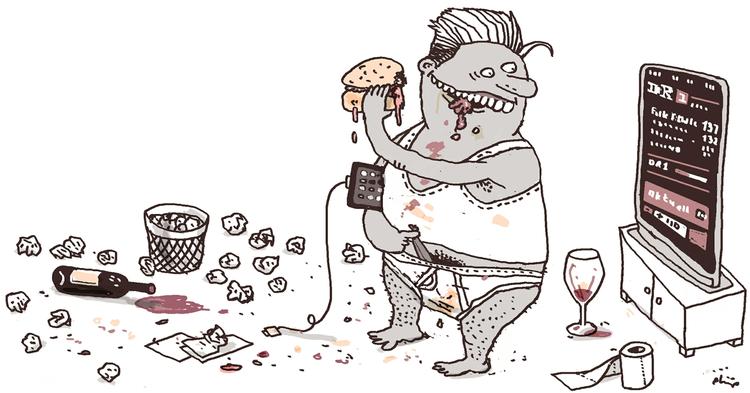 Kampdag. Søndag er en optimal dag til maskulin afslapning, men når den også er årets vigtigste mærkedag for kvindekønnet, er begrebet 'kampdag' velvalgt. Tegning: Philip Ytournel 