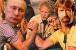 Herredyst. Putin er aldrig rigtig væk. Han er bare så meget under cover, at ingen kan se ham. Her ses Putin i armlægningskonkurrence med Chuck Norris. Illustration: Philip Ytournel 