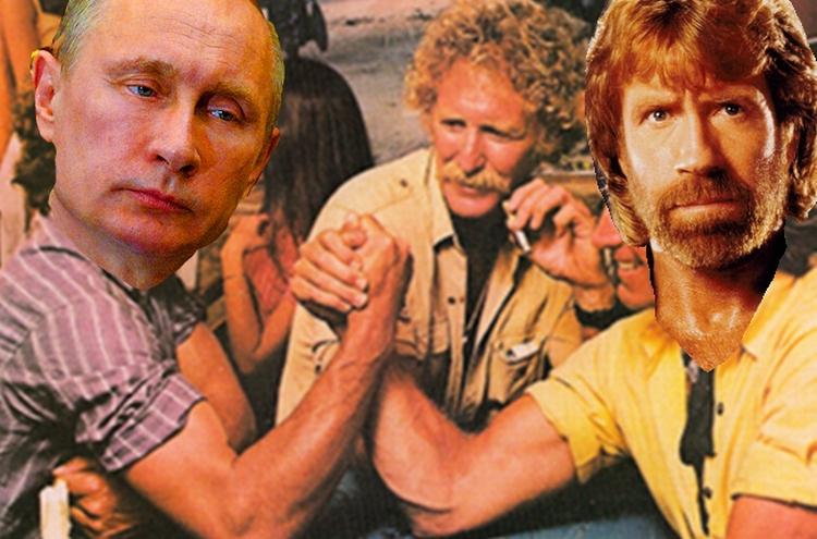 Herredyst. Putin er aldrig rigtig væk. Han er bare så meget under cover, at ingen kan se ham. Her ses Putin i armlægningskonkurrence med Chuck Norris. Illustration: Philip Ytournel 