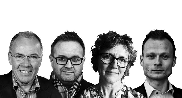 V-lokalpolitikere. Bo Nygaard Larsen, byrådsmedlem i Solrød (tv.) Poul Egelykke, byrådsmedlem i Vejen, Inge Dorte Mandrup, kommuneforeningsformand i Norddjurs og  Michael Gatten, medlem af Borgerrepræsentationen i Kbh.. 