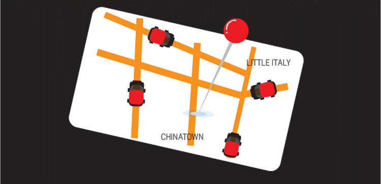 Taxaservice. Der er nu flere Uber-biler, end der er gule taxaer i New York. På Uber kan brugeren blandt andet se, hvor og hvor mange chauffører, der er i nærheden. Illustration: Aslak Elias Kelkka 