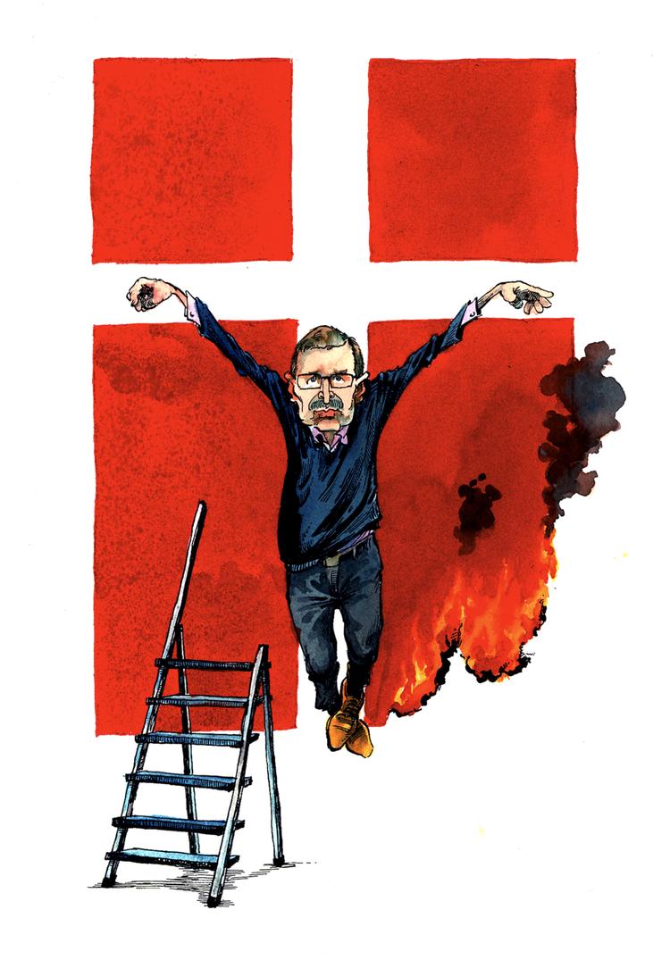 Karikatur. Jyllands-Postens kulturredaktør, Flemming Rose. Se Roald Als' tegning i større udgave nederst. 