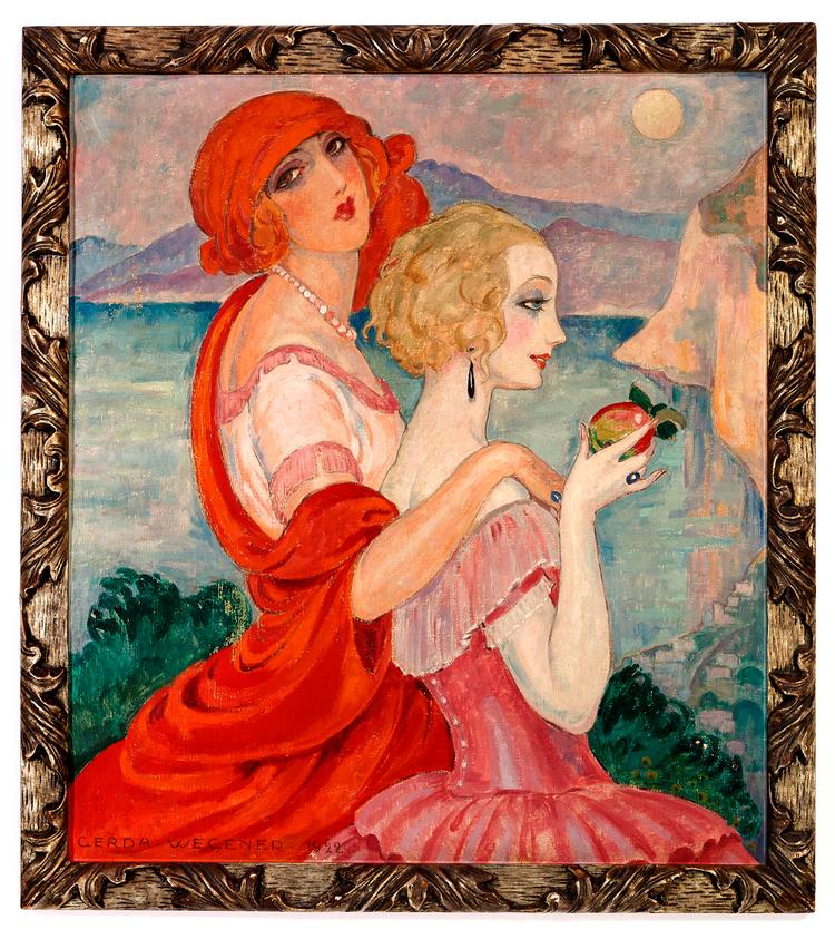 Mand &amp; kone. Einar Wegener optrådte ofte som model for sin kone Gerda Wegener. Klædt i kvindetøj. Her er han til venstre ved siden af sin kone i dennes oliemaleri 'Sur la route d'Anacapri' fra 1922, som er på auktion hos Bruun Rasmussen i morgen med en anslået værdi af 75.000-100.000 kr. 