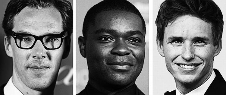 Briter. Engelske David Oyelowo (i midten) spiller det amerikanske frihedsikon Martin Luther King i filmen 'Selma'. Benedict Cumberbatch (t.v.) og Eddie Redmayne er også store stjerner i Hollywood. 