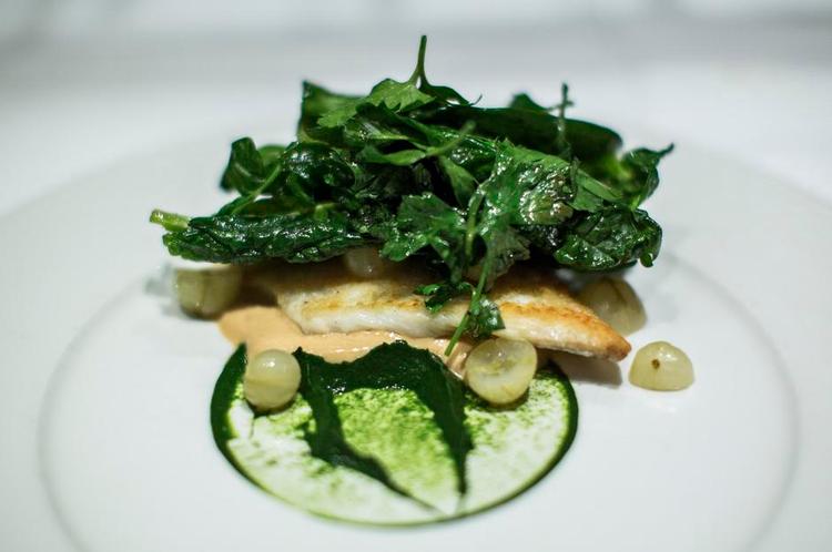 Twist. En perfekt tilberedt slethvar har fået et twist på Kanalen hvor den serveres med spinatblade, mørkegrøn persillepure, lysegrønne sursøde stikkelsbær og en sauce på hvid miso. 