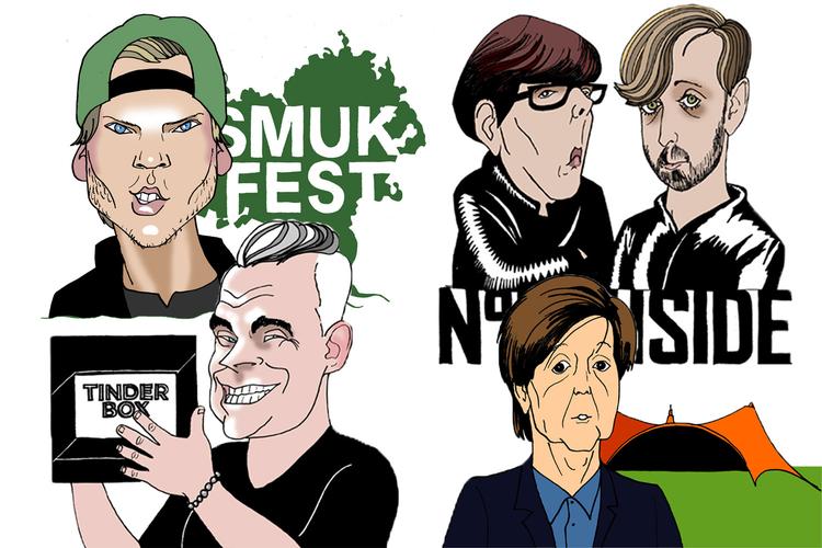 Festivallandskabet. Folkelige Skanderborg, stilsikre Northside, nye Tinderbox og uoverskuelige Roskilde.  Tegning: Anne-Marie Steen Petersen 