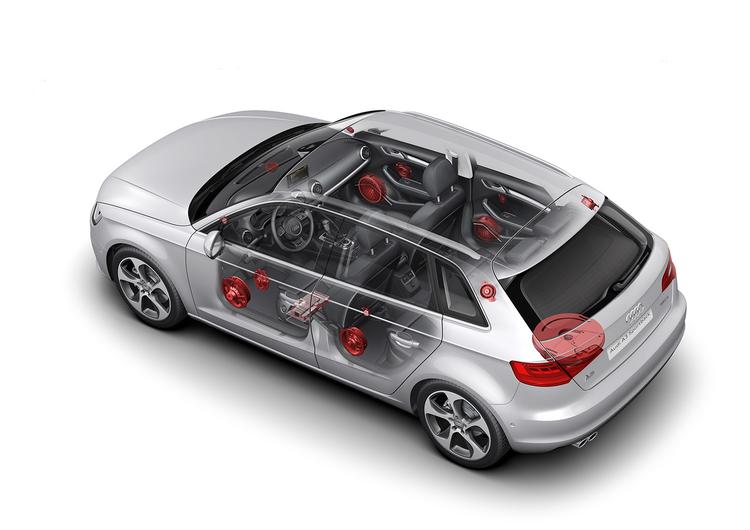 lyd. B&amp;O har leveret lækkert lydanlæg til flere biler, blandt andet Audi. Her ses et 'røngtenbillede' af en AudiA3 med lydanlæg fra Struer-virksomheden. 