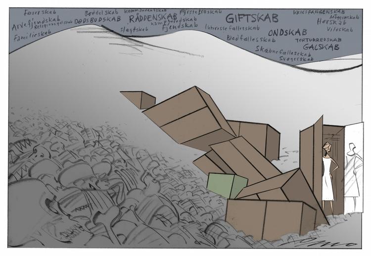 Skeletter. Skabene vælter ud af skeletterne i Syrien.Tegning: Per Marquard Otzen 