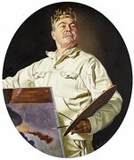 Ironi. Her står maleren Peter Carlsen med kongekrone i uplettet kedeldragt og skuer visionært ud til siden med løftet hoved og et stolt, poserende ansigtsudtryk. Men det er samtidig også en ironiseren over kunstnerrollen som et romantiserede geni. 