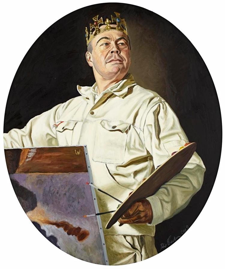 Ironi. Her står maleren Peter Carlsen med kongekrone i uplettet kedeldragt og skuer visionært ud til siden med løftet hoved og et stolt, poserende ansigtsudtryk. Men det er samtidig også en ironiseren over kunstnerrollen som et romantiserede geni. 