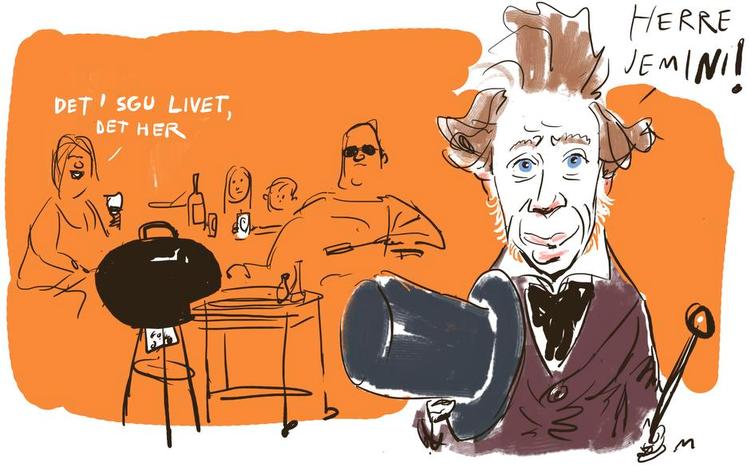 Enten-Eller. »Søren Aabye Kierkegaard ville vende sig i sin grav, hvis han oplevede nutidens senmoderne forbrugersamfund«, skriver Robert Høgh. Tegning: Mette Dreyer 