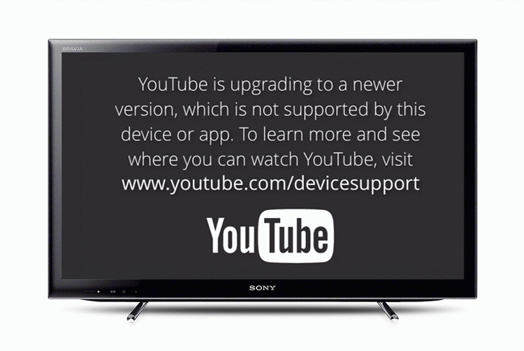 NEDLAGT. Du kan blive mødt af denne besked, hvis du forsøger at benytte YouTube-app'en på udstyr, der er ældre end tre år gammelt. (Foto: PR/Sony/YouTube) 