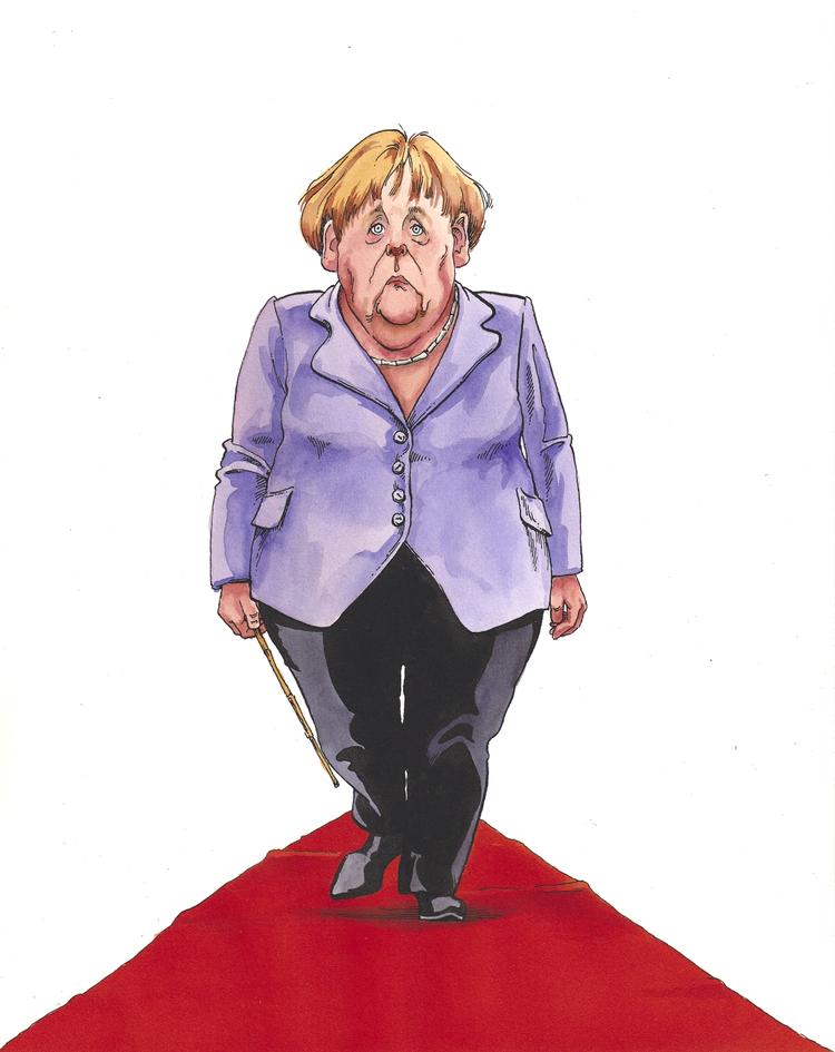 Statsleder. Angela Merkel kommer på besøg i København. Tegning Roald Als. 