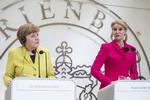 STATSBESØG. Helle Thorning-Schmidt og Tysklands kansler, Angela Merkel, ved de to lederes fælles pressemåde i København. 