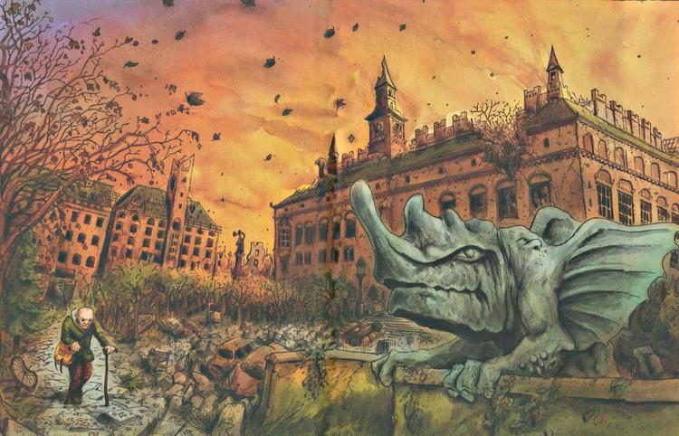 København. Rådshuspladsen som overgroet gravplads for biler. Illustrationer fra bogen: Adam O 