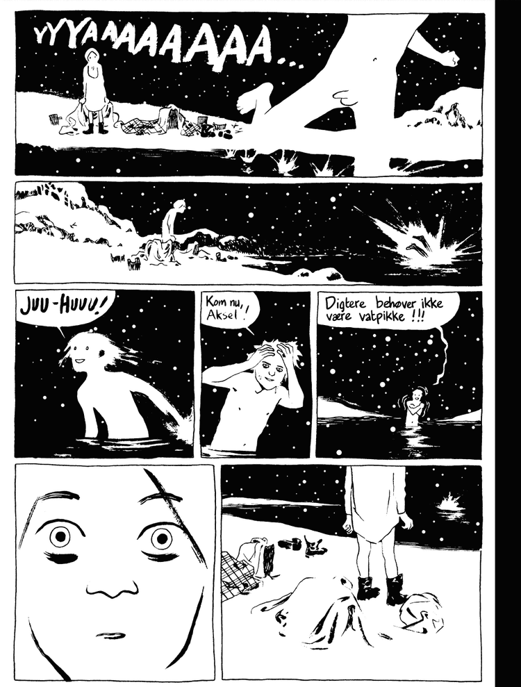 vanskeligt. Udgivelsen er en visuel præstation, men det lykkes ikke at give Niels Lyhne-figuren Aksel Storm et udtryk, der kan bære ham igennem som hovedperson. Tegning: Terkel Risbjerg 