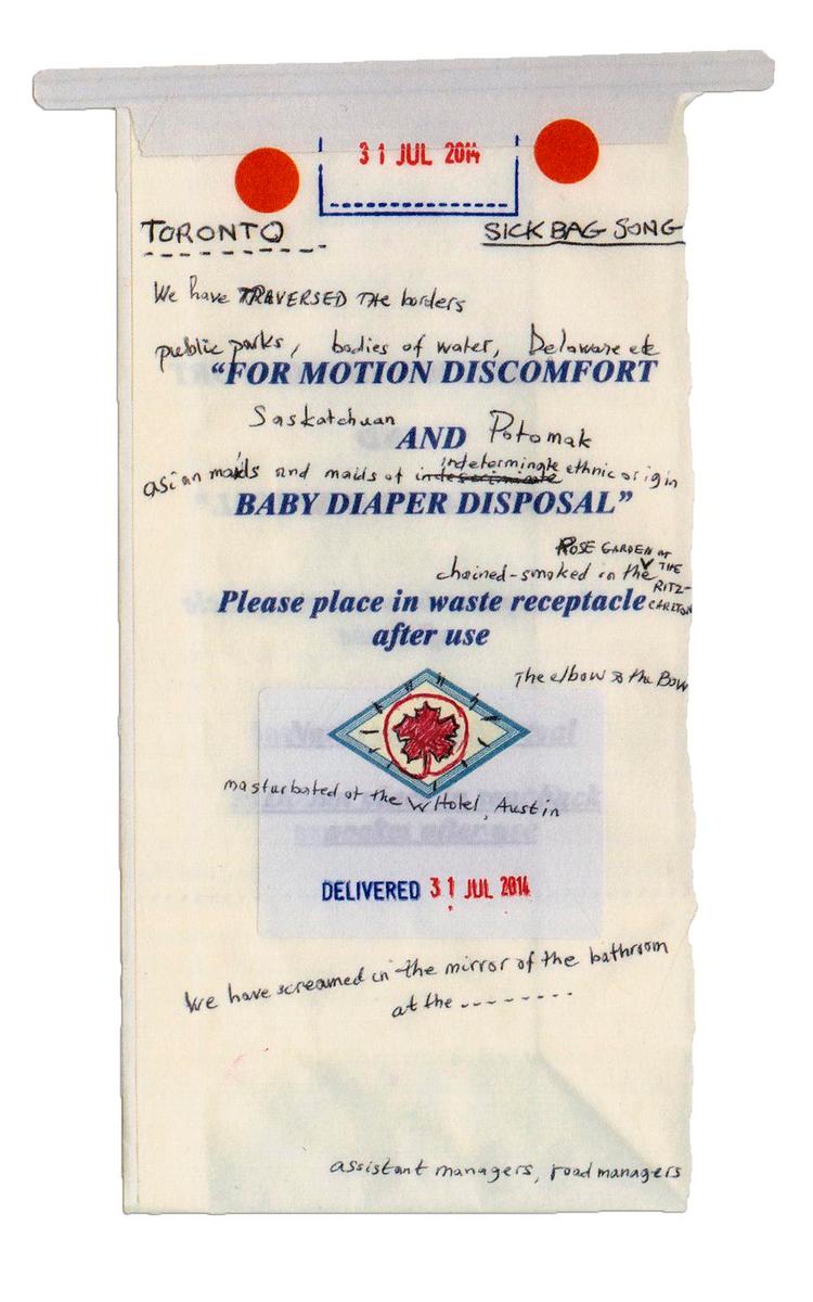 Noter. På sin store nordamerikaturné i 2014 begyndte Nick Cave at skrive tekster på bræk poserne i flyet. Det er der nu kommet en fascinerende bogudgivelse ud af. Illustration fra bogen 