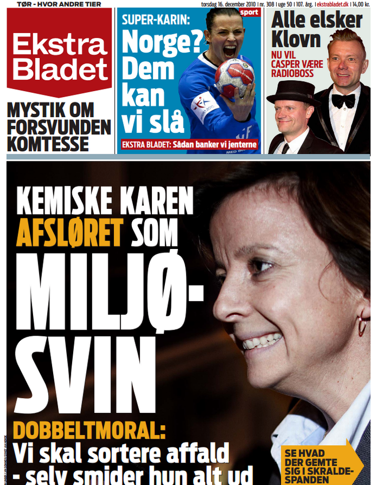 Skraldehistorien. Karen Ellemann anmeldte Ekstra Bladet for ulovlig indtrængen på hendes privat grund. Men tabte sagen. 