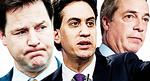 AFGANG. Labourleder Ed Miliband (i midten) trækker sig efter partiets kraftige tilbagegang ved gårsdagens valg i Storbritannien. Nick Clegg (t.h.) og Nigel Farage (t.v.) har også valgt at aftræde som formænd for hhv. De Liberale Demokrater og Ukip. Foto:  Lewis Whyld, Pitarakis Lefteritis, Danny Lawson/AP 