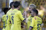 1-0. Brøndby-spillerne hylder målscoreren til 1-0, Johan Larsson (nummer to fra højre), kort før pausen. 