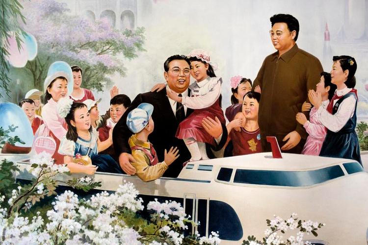 Propaganda. Den Store Leder, Kim Il-Sung (i midten), og Den Kære Leder, Kim Jong-Il (til højre). En typisk nordkoreansk æstetik. 
