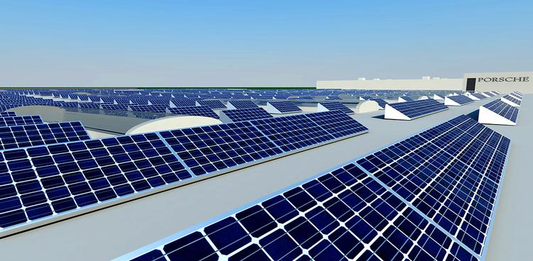 Spareceller. En grafisk fremstilling af solcelle-anlægget på en af de to Porsche-fabrikker, hvor danske Go Green Energy fanger solens stråler ind og via internettet fordeler dem som energi på virksomheden. Der med de danske solceller kan spare 20-40 procent på sin el-regning 