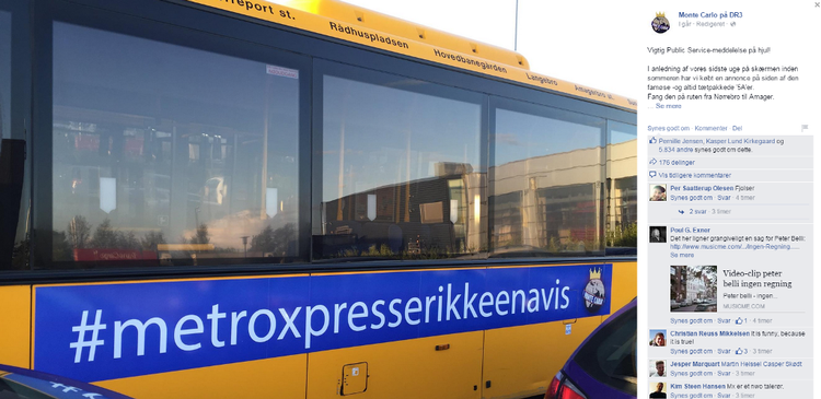 Avisreklame. Eller rettere mod-reklame. Sådan så en af de københavnske 5A'ere ud i en dags tid. Screendump fra Monte Carlos facebookside. 