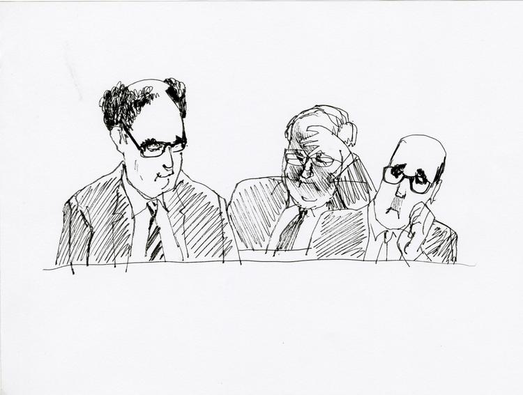 tiltalte. Jørgen Glistrup, Flemming Østergaard og Glistrups forsvarer, Karoly Németh. Tegning: Anne-Marie Steen Petersen. 