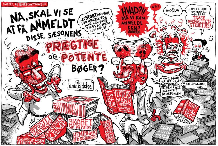 Anmeldelser. Mindre end hver tredje litteraturanmeldelse var, hos Jyllands-Posten, Berlingske og Politiken, skrevet af en kvinde i perioden 1. januar 2014 til 8. maj 2015. Tegning: Thomas Thorhauge 