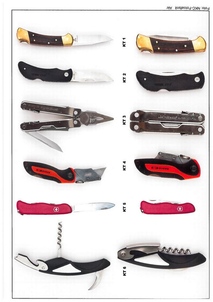 Knivlov. Ifølge Rigspolitiets indstilling til Justitsministeriet bør to af disse fem enhåndsbetjente knivtyper IKKE være ulovlige at gå rundt med. Det drejer sig om multiværktøj, mrk. Leatherman (KT39) og proptrækkeren (KT 6).KT 6 – Proptrækker 