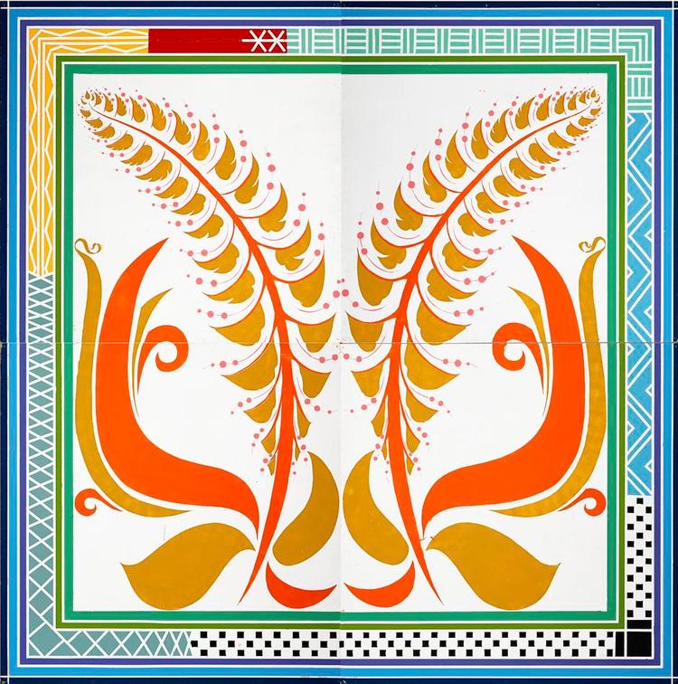 Panum. Gernes' fire store Panum-malerier fra 1979-80 er det nærmeste, han selv nogensinde kom rokokoens interiørkunst med hele dens apparat af blomstrende ornamenter i perfekt symmetri. Det er disse fire kæmpebilleder, der sektionerer udstillingen og gør den sammenhængende og overskuelig. (billedet er beskåret) 