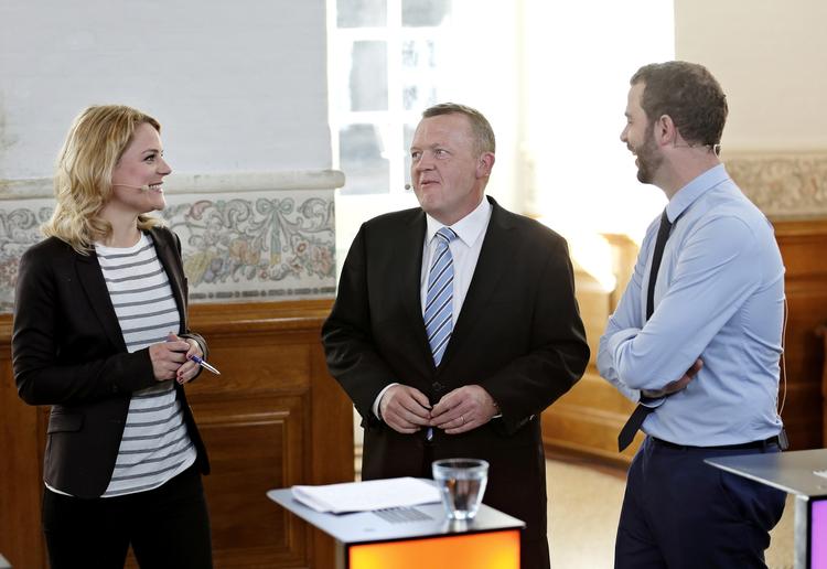 Partilededebat på DR i vandrehallen på Christiansborg.Debat. Enhedslistens Johanne Schmidt-Nielsen, Venstres formand Lars Løkke Rasmussen og Radikales Morten Østergaard. 