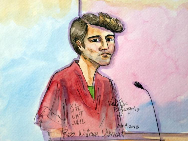 Dømt. Ross Ulbricht under et retsmøde tilbage i 2013. Tegning: Vicki Behringer. 
