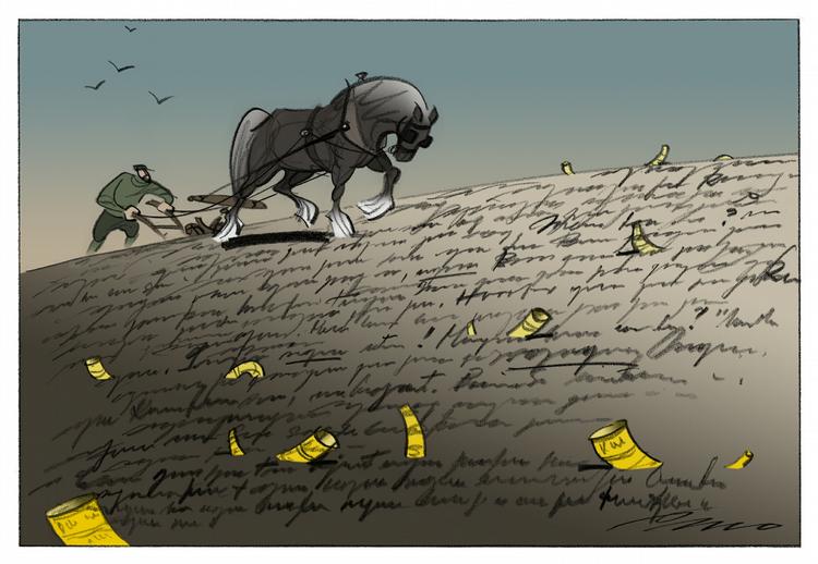 Næring. Litteraturen er fundamental og kræves fokus. Hvilket bedre sted end i litteraturen til at udlægge politik og dets konsekvenser. Tegning: Per Marquard Otzen 