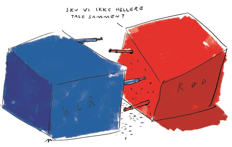 Blokpolitik. Flere mulige regerings-konstellationer kan have flere mulige betydninger for politikerne såvel som borgerne. Tegning: Mette Dreyer 